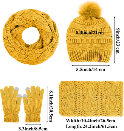 Womens Winter Warm Sets Knitted Fur Pompoms Beanie Hat Circle Loop Scarf Touch Screen Gloves Winter Favor Accessories