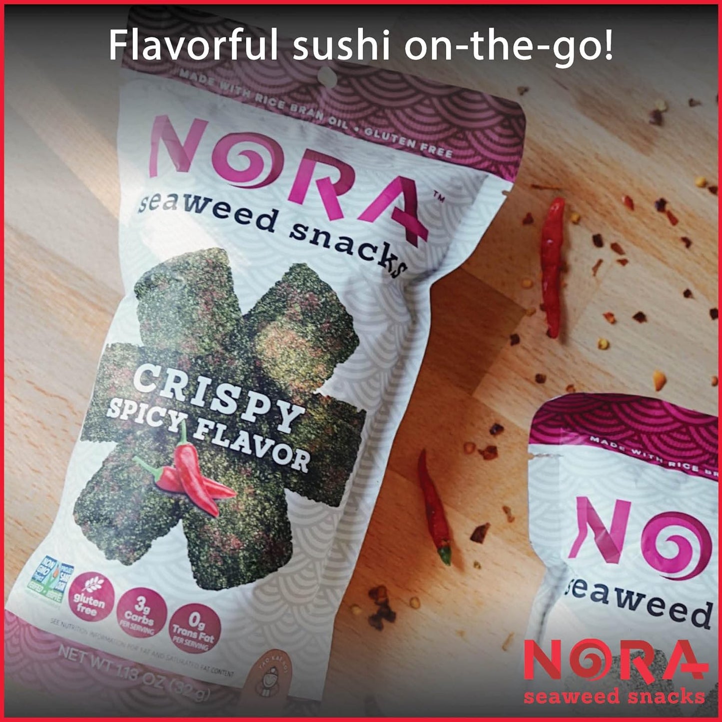 Crispy Spicy Seaweed Snacks by , Thick Nori Sheets Snack Strips, Low-Carb Healthy Snacks for Adults, Asian Snacks, Vegan, Gluten-Free, Non-Gmo, 6-Pack