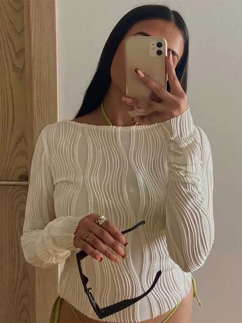Woman Fashion Casual Ruched Long Sleeve T-Shirt Blouses Female White Skinny Cropped Bottoming Shirt 2024 Autumn Y2K Top Clothes