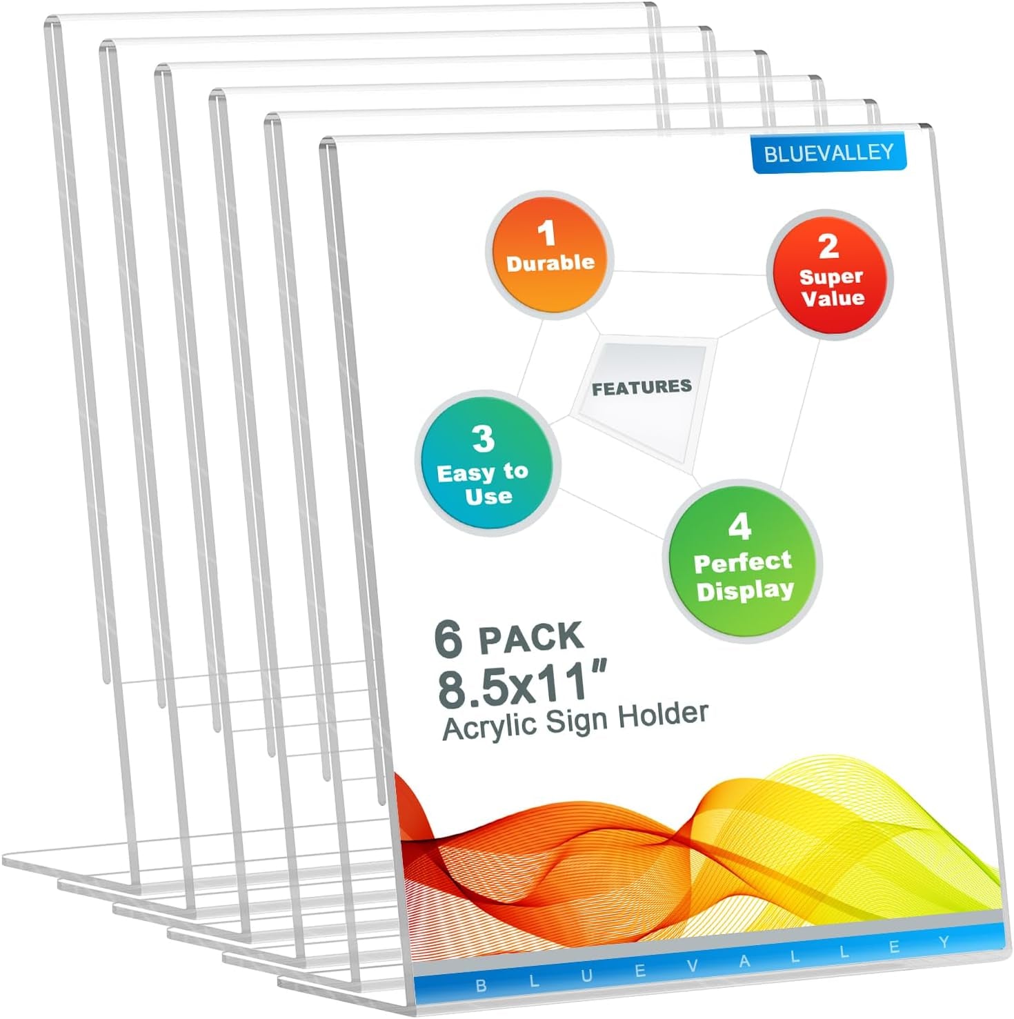 Acrylic Sign Holder 8.5 X 11 Table Display Stand – Vertical Clear Plastic Paper Sign Frame for Flyer, Menu, Document – Free Standing Desk Photo Holder for Office, Home, Store, School, 6Pack