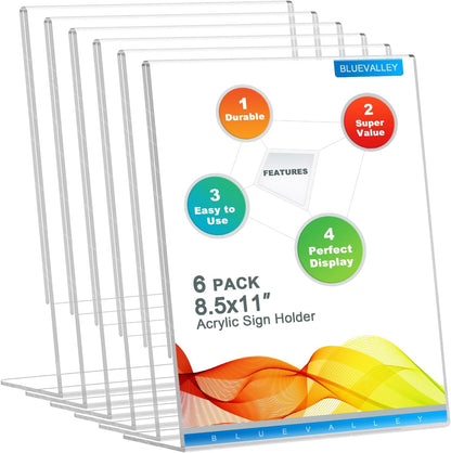 Acrylic Sign Holder 8.5 X 11 Table Display Stand – Vertical Clear Plastic Paper Sign Frame for Flyer, Menu, Document – Free Standing Desk Photo Holder for Office, Home, Store, School, 6Pack