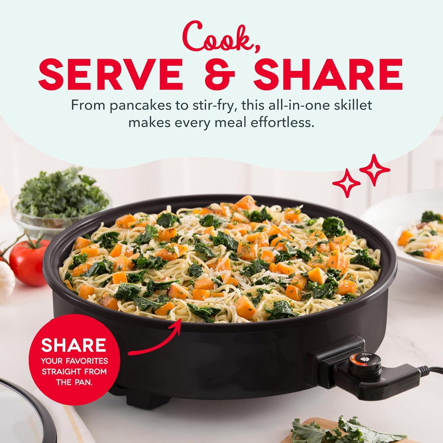 Family Size Electric Skillet with 14 Inch Nonstick Surface + Recipe Book for Pizza, Burgers, Cookies, Fajitas, Breakfast & More, 20 Cup Capacity, 1400-Watt - Black