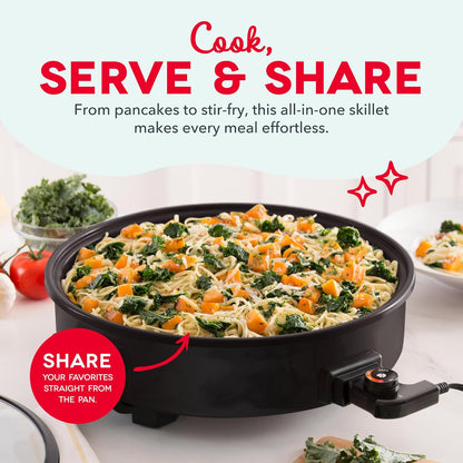 Family Size Electric Skillet with 14 Inch Nonstick Surface + Recipe Book for Pizza, Burgers, Cookies, Fajitas, Breakfast & More, 20 Cup Capacity, 1400-Watt - Black