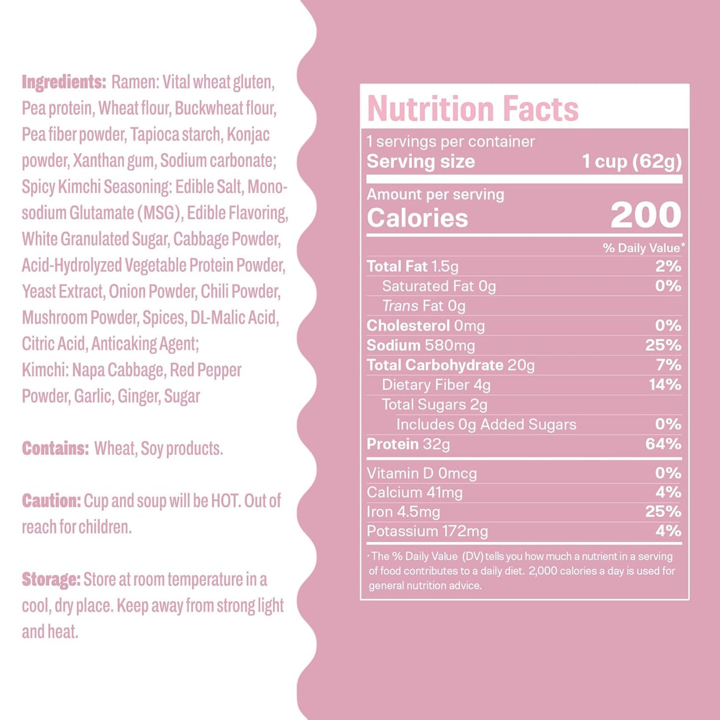 Protein Ramen, Spicy Kimchi Flavor, 6-Pack Instant Healthy Noodle Soup Cups, 32G Plant Protein, Vegan Pre-Packaged Ramen Meal, Low Fat, Non-Gmo, Non-Fried, Air-Dried, Healthy Noodle Broth