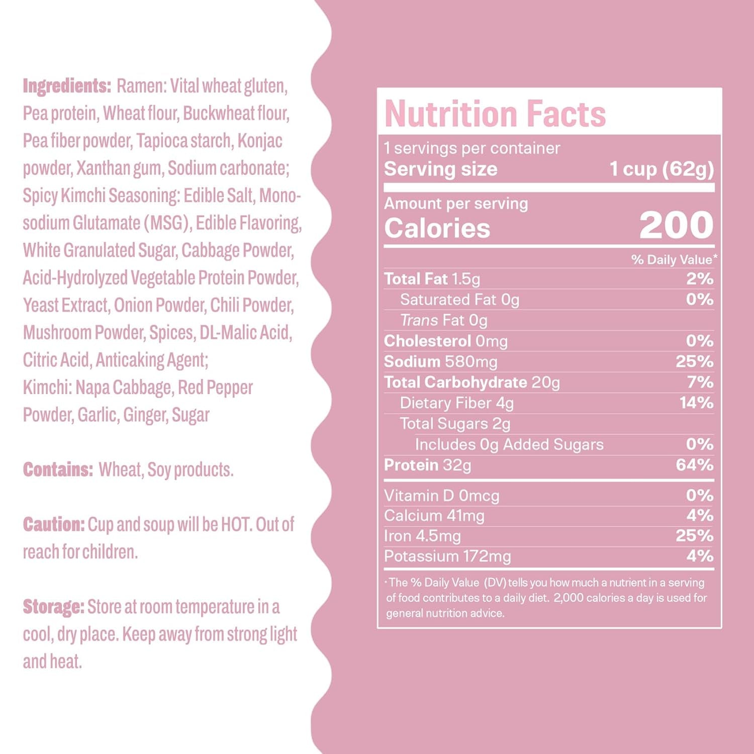 Protein Ramen, Spicy Kimchi Flavor, 6-Pack Instant Healthy Noodle Soup Cups, 32G Plant Protein, Vegan Pre-Packaged Ramen Meal, Low Fat, Non-Gmo, Non-Fried, Air-Dried, Healthy Noodle Broth