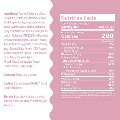 Protein Ramen, Spicy Kimchi Flavor, 6-Pack Instant Healthy Noodle Soup Cups, 32G Plant Protein, Vegan Pre-Packaged Ramen Meal, Low Fat, Non-Gmo, Non-Fried, Air-Dried, Healthy Noodle Broth