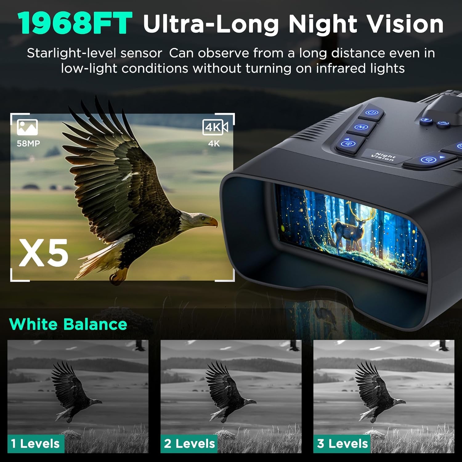 Night Vision Goggles, 58MP Full-Color 4K Night Vision Binoculars for Adults with 10000Mah Fast Charging Battery, 64GB Card, 3.99" Screen and 1968FT Viewing Range for Camping Hunting & Security(Black)