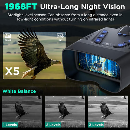 Night Vision Goggles, 58MP Full-Color 4K Night Vision Binoculars for Adults with 10000Mah Fast Charging Battery, 64GB Card, 3.99" Screen and 1968FT Viewing Range for Camping Hunting & Security(Black)