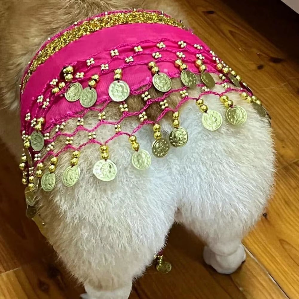 Dog Dance Costume Corgi Waist Chain Butt Curtain Clothes Pet Sequin Belly Dance Prop Puppy Shaking Hip Scarf Halloween Accessory