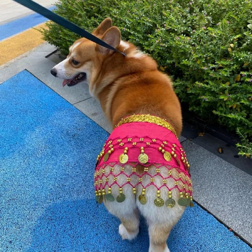 Dog Dance Costume Corgi Waist Chain Butt Curtain Clothes Pet Sequin Belly Dance Prop Puppy Shaking Hip Scarf Halloween Accessory