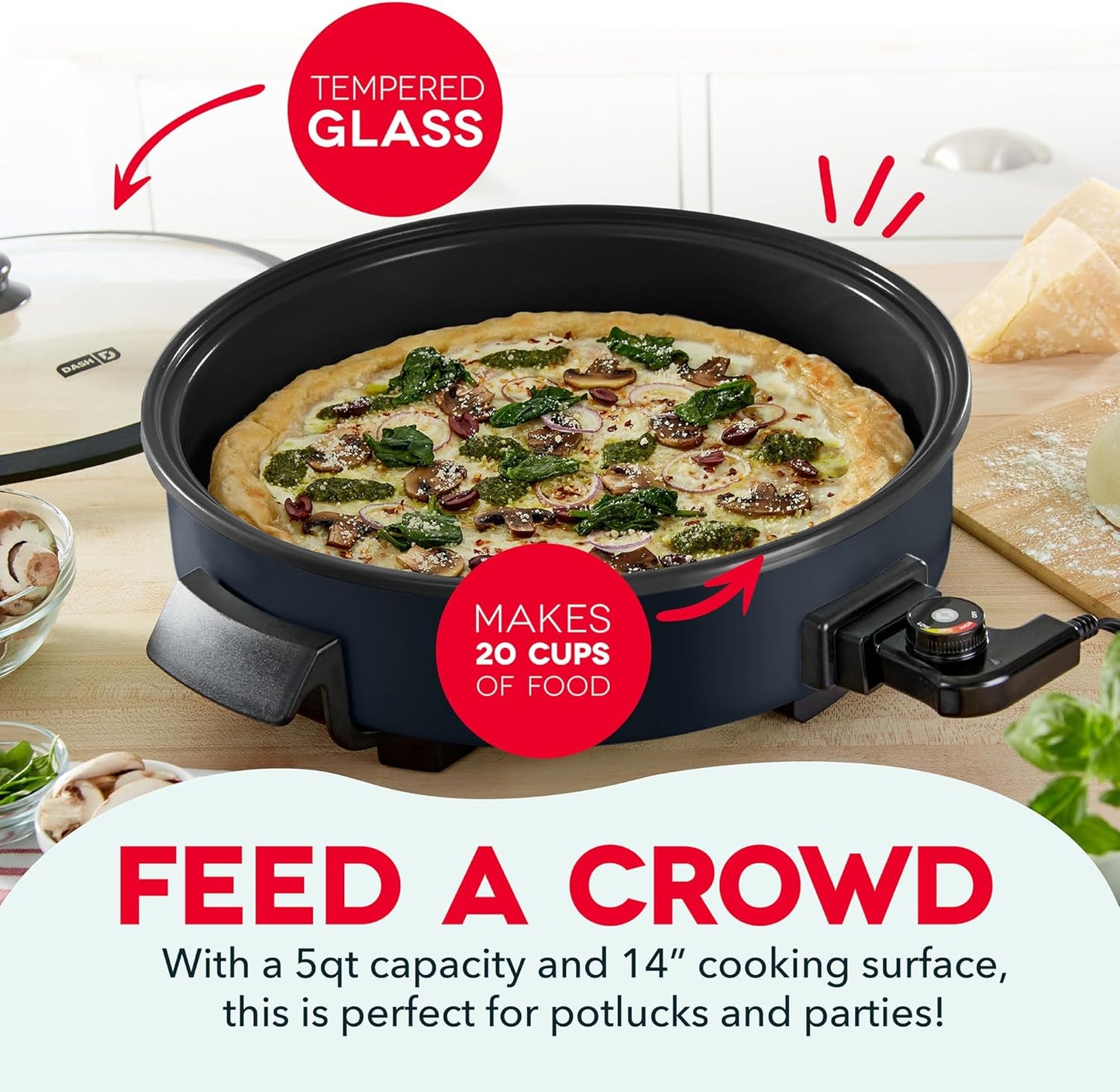 Family Size Electric Skillet with 14 Inch Nonstick Surface + Recipe Book for Pizza, Burgers, Cookies, Fajitas, Breakfast & More, 20 Cup Capacity, 1400-Watt - Black