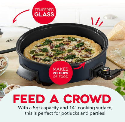 Family Size Electric Skillet with 14 Inch Nonstick Surface + Recipe Book for Pizza, Burgers, Cookies, Fajitas, Breakfast & More, 20 Cup Capacity, 1400-Watt - Black