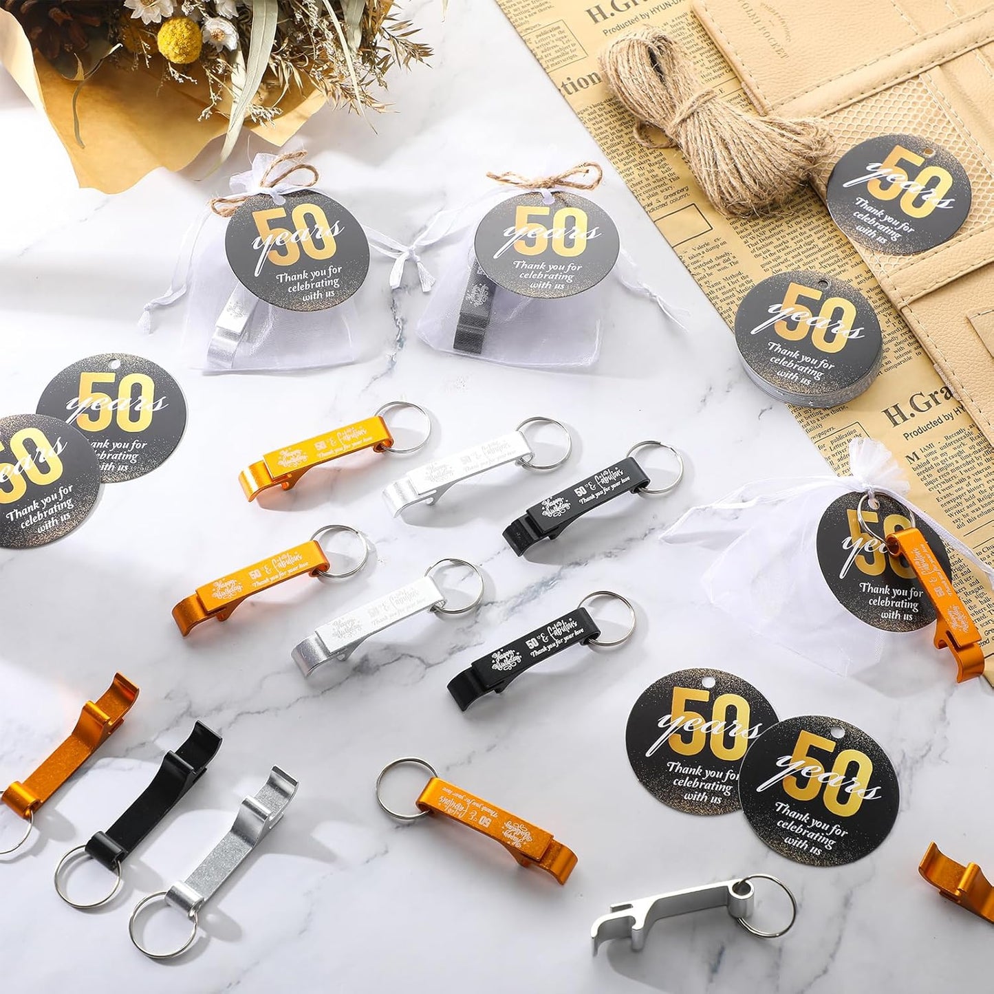 54 Sets 50Th Birthday Party Favors for Guests Birthday Beer Opener Keychain Cheers to 50 Bottle Opener Keychain with Thank You Cards and Gift Bags for Anniversary Wedding Party Favors
