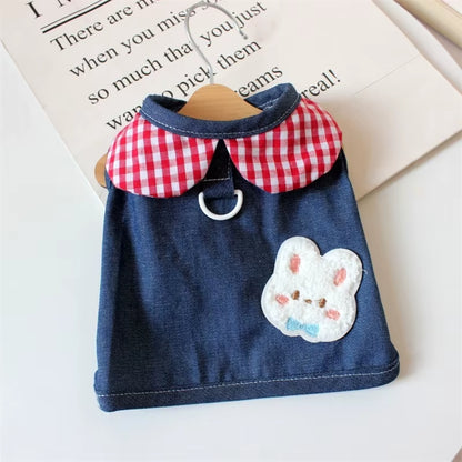 Cute Cartoon Denim Pet Dog Clothes Breathable Girl Summer Dresses for French Bulldog Creative Elastic Harness Small Puppy Vest