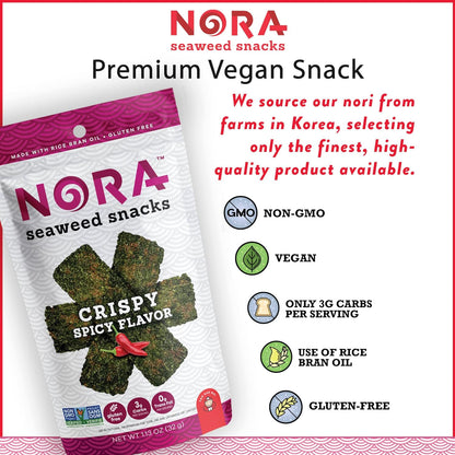 Crispy Spicy Seaweed Snacks by , Thick Nori Sheets Snack Strips, Low-Carb Healthy Snacks for Adults, Asian Snacks, Vegan, Gluten-Free, Non-Gmo, 6-Pack