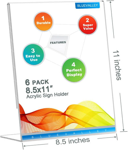Acrylic Sign Holder 8.5 X 11 Table Display Stand – Vertical Clear Plastic Paper Sign Frame for Flyer, Menu, Document – Free Standing Desk Photo Holder for Office, Home, Store, School, 6Pack