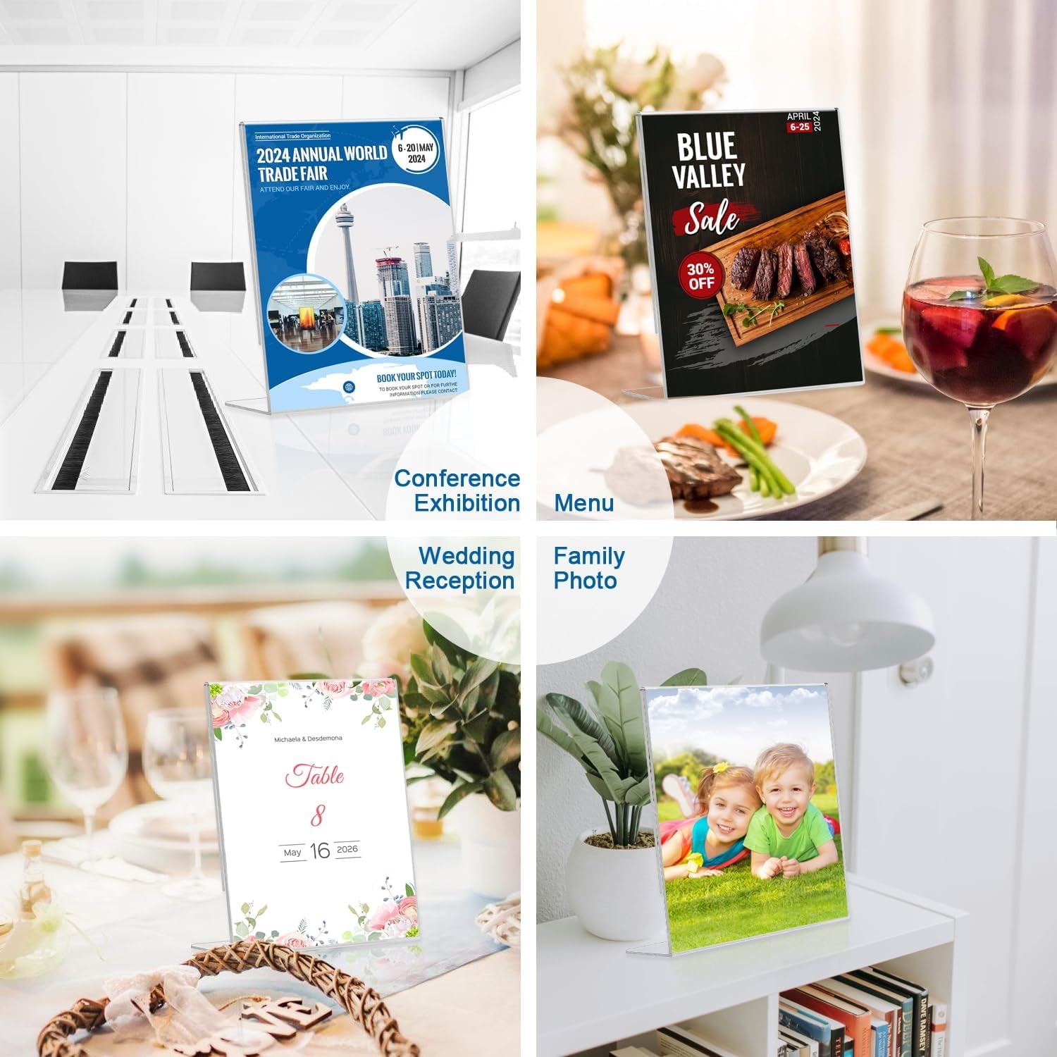 Acrylic Sign Holder 8.5 X 11 Table Display Stand – Vertical Clear Plastic Paper Sign Frame for Flyer, Menu, Document – Free Standing Desk Photo Holder for Office, Home, Store, School, 6Pack