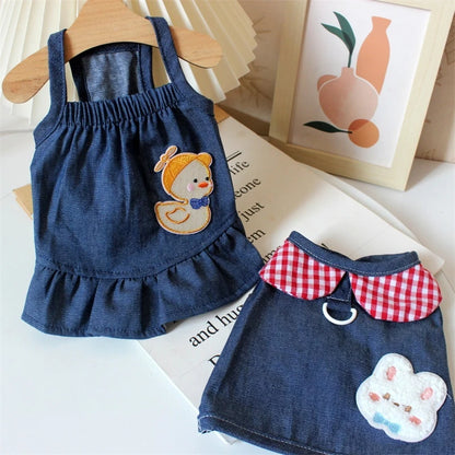 Cute Cartoon Denim Pet Dog Clothes Breathable Girl Summer Dresses for French Bulldog Creative Elastic Harness Small Puppy Vest