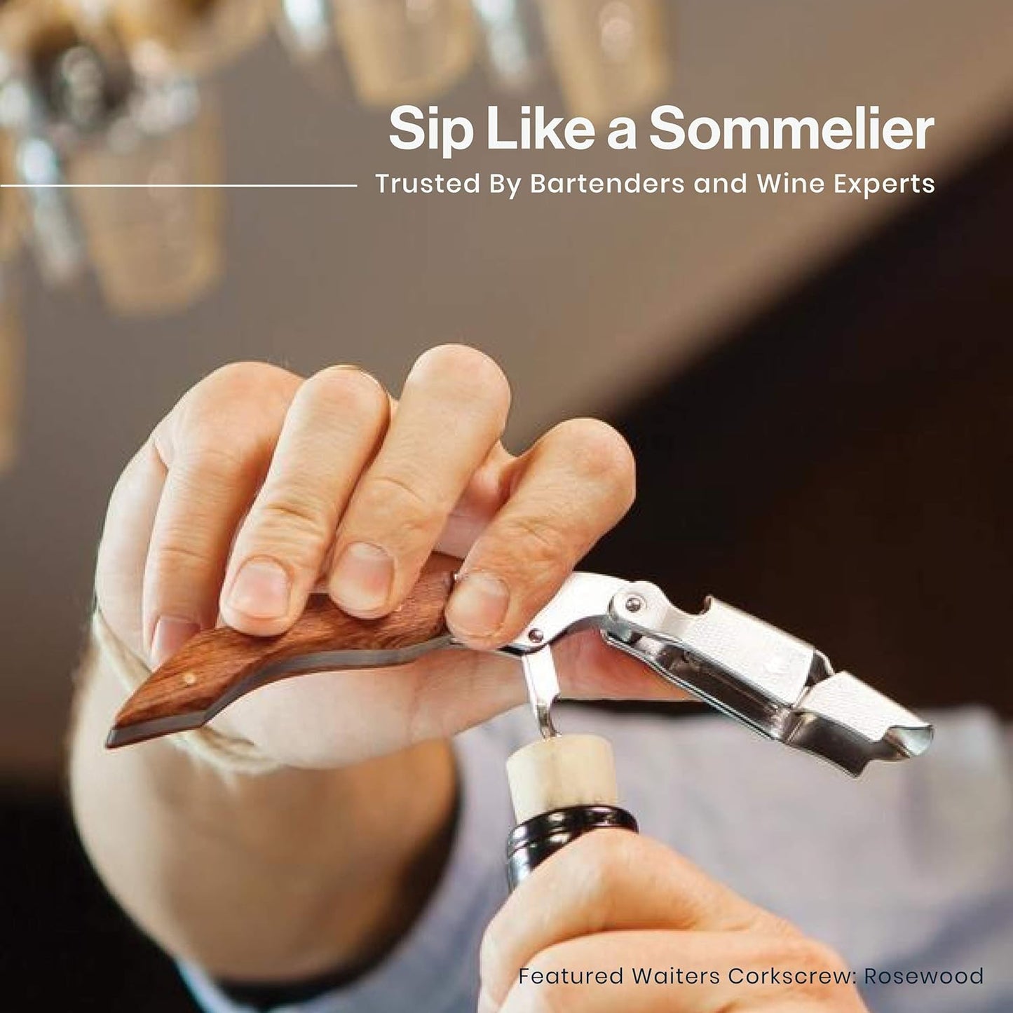 Professional Wine Opener - Classic Rosewood Corkscrew with Foil Cutter and Cap Remover for Servers, Waiters, Bartenders, and Home Use