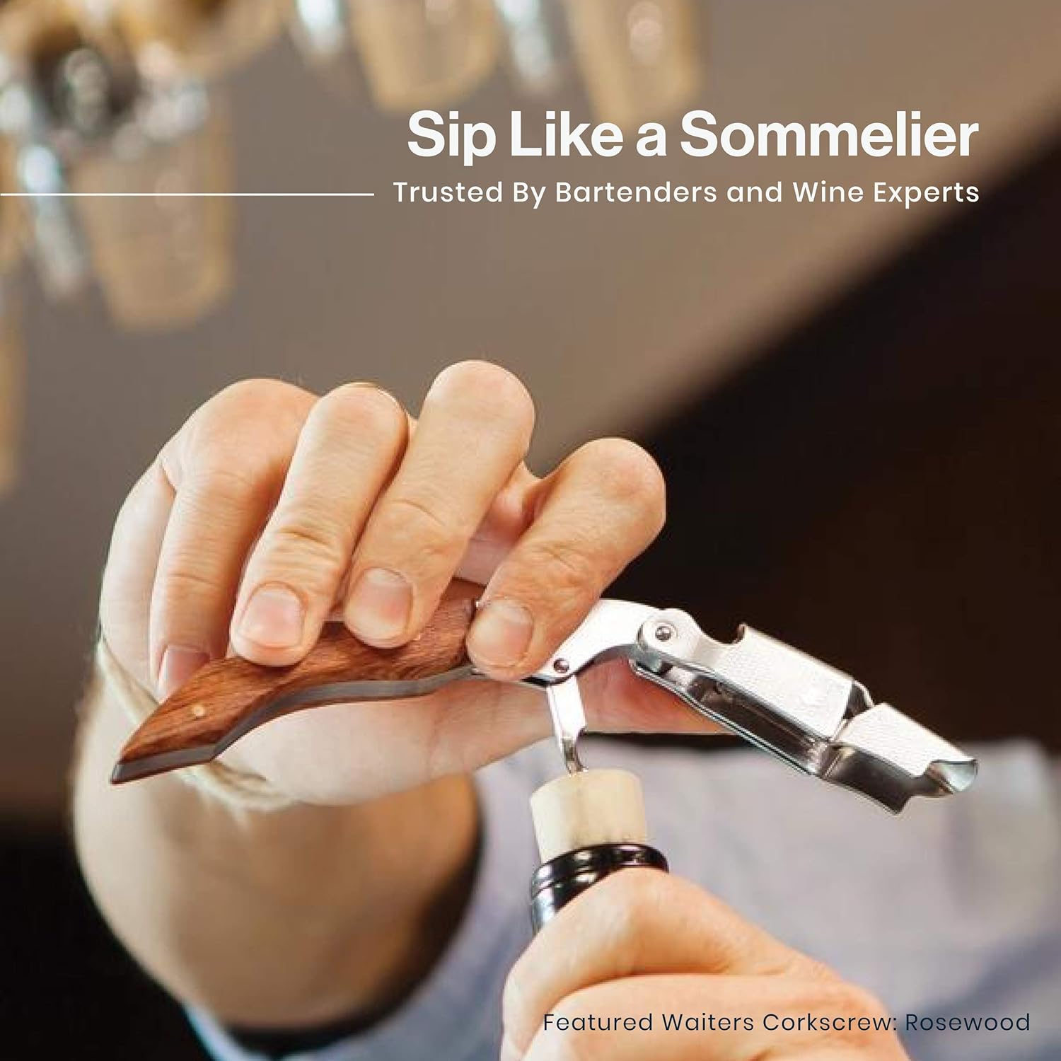 Professional Wine Opener - Classic Rosewood Corkscrew with Foil Cutter and Cap Remover for Servers, Waiters, Bartenders, and Home Use