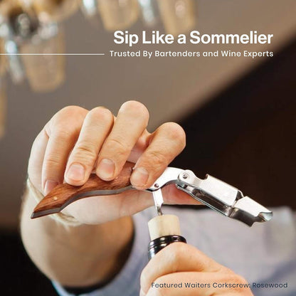 Professional Wine Opener - Classic Rosewood Corkscrew with Foil Cutter and Cap Remover for Servers, Waiters, Bartenders, and Home Use
