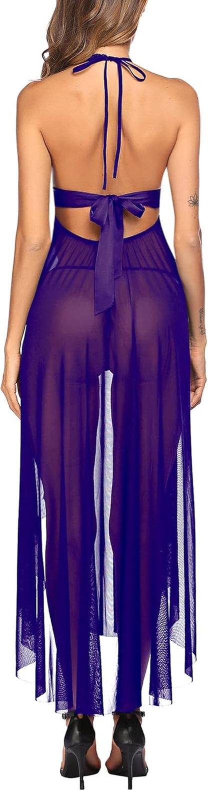 Women Lingerie Deep V Neck Nightwear One Piece Sexy Nightgowns Mosaic Lace Mesh Dress