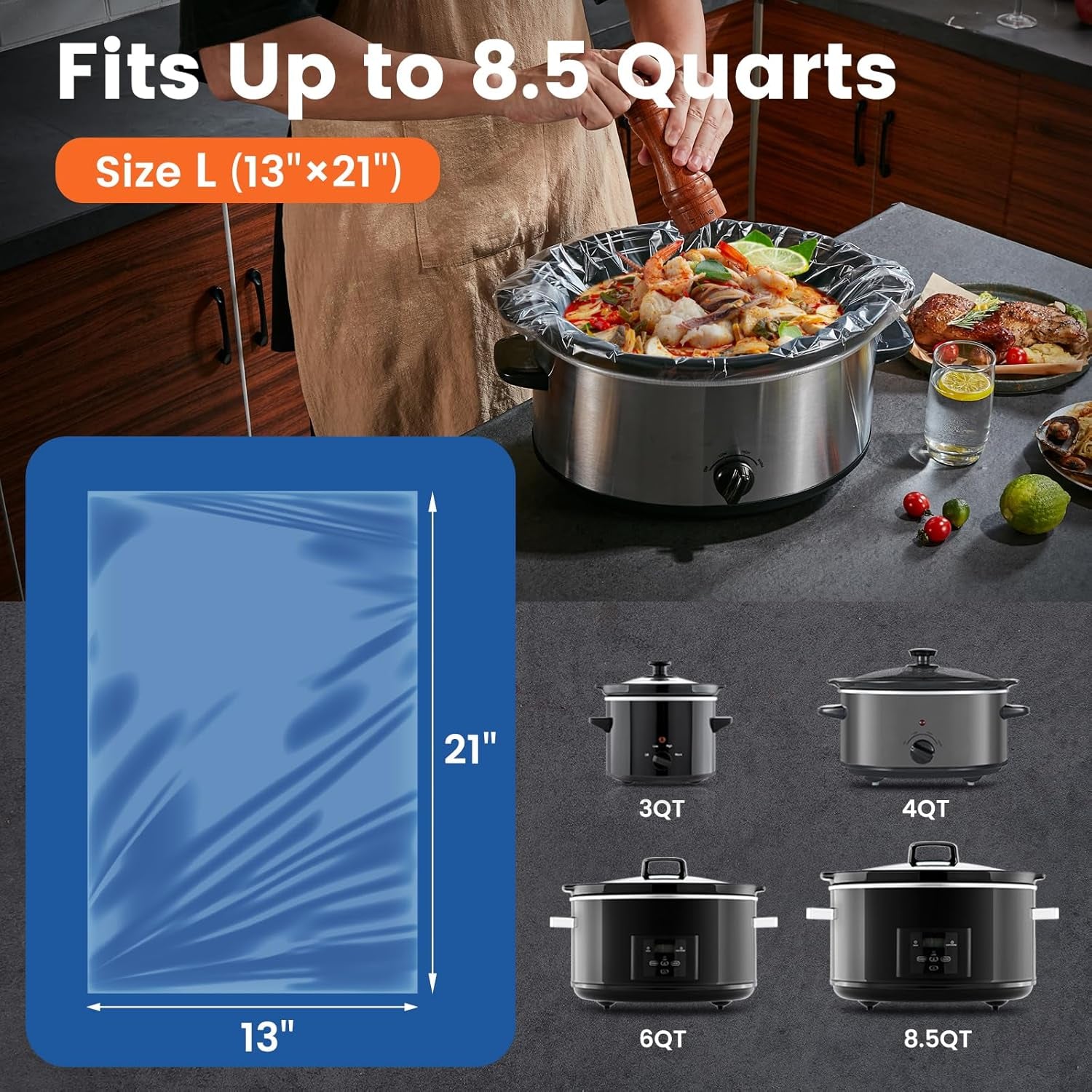 Slow Cooker Liners,  13"X 21" 30 Count Cooking Bags Large Size Disposable Pot Liners, Fit 3QT to 8.5QT for Slow Cooker Cooking Trays, Multi-Purpose Durable Liners Plastic Bags, BPA Free