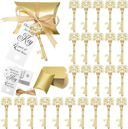 100 Sets Vintage Key Bottle Opener Wedding Favors, Wedding Party Souvenir Gift for Guests with Thank You Tag Card Pillow Candy Box and Satin Ribbon (Gold)