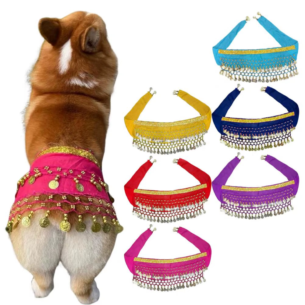 Dog Dance Costume Corgi Waist Chain Butt Curtain Clothes Pet Sequin Belly Dance Prop Puppy Shaking Hip Scarf Halloween Accessory