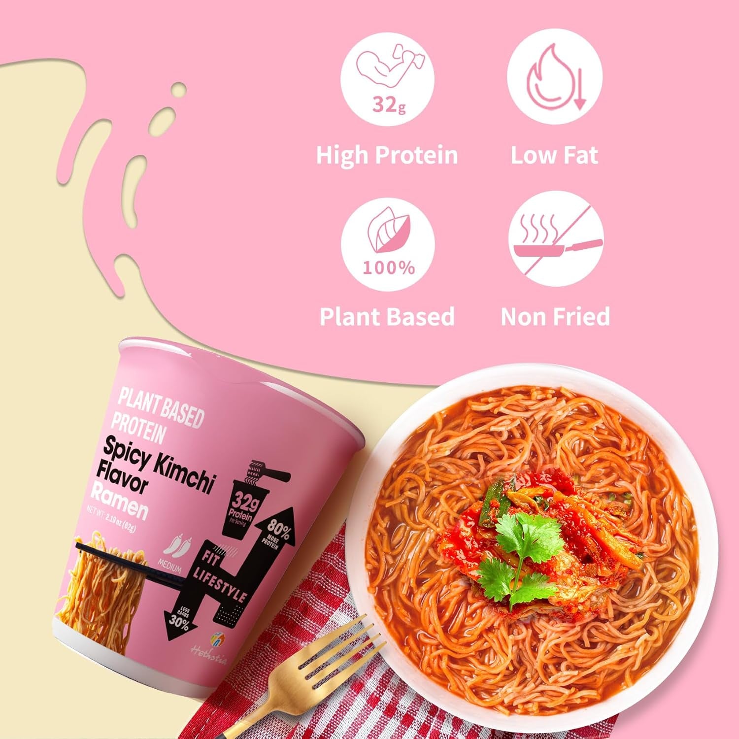 Protein Ramen, Spicy Kimchi Flavor, 6-Pack Instant Healthy Noodle Soup Cups, 32G Plant Protein, Vegan Pre-Packaged Ramen Meal, Low Fat, Non-Gmo, Non-Fried, Air-Dried, Healthy Noodle Broth