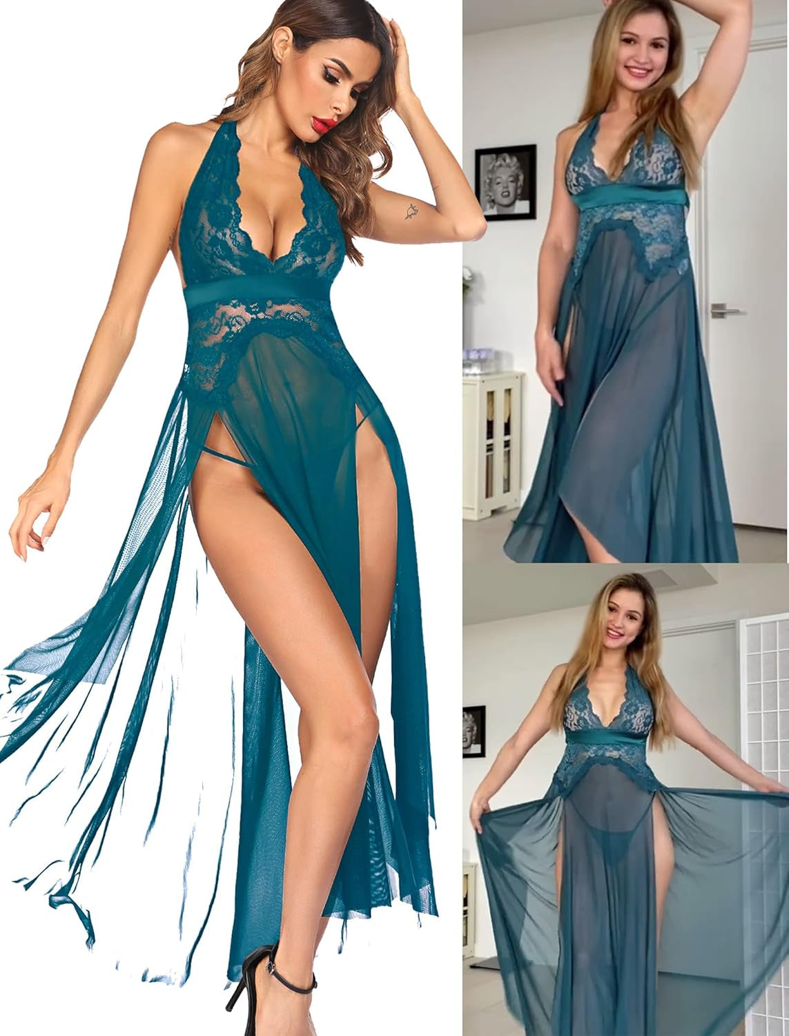 Women Lingerie Deep V Neck Nightwear One Piece Sexy Nightgowns Mosaic Lace Mesh Dress