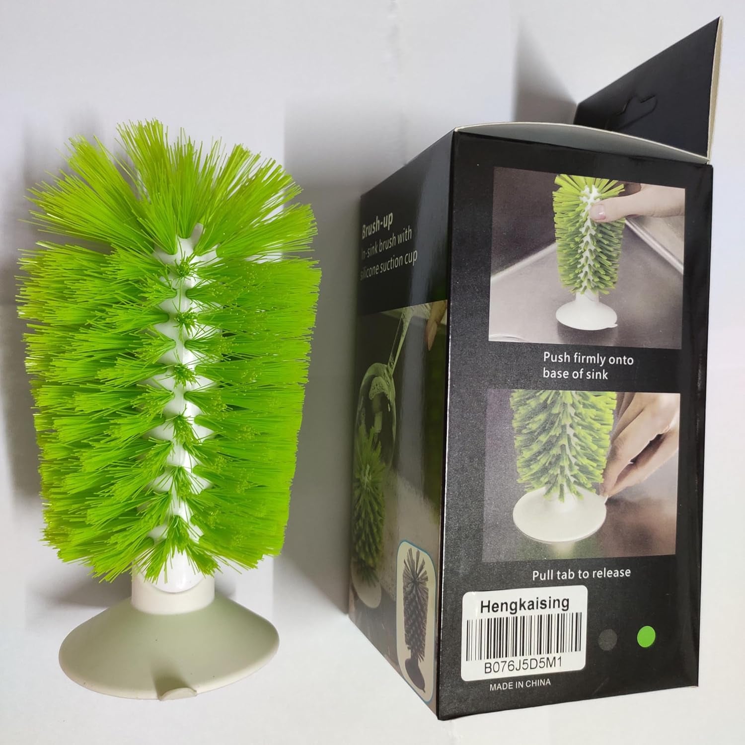 Brush-Up Glass Cleaning Brush with Suction Cup for Upright Sink Storage - Bristle Scrub for Kitchen Bottles (Green)