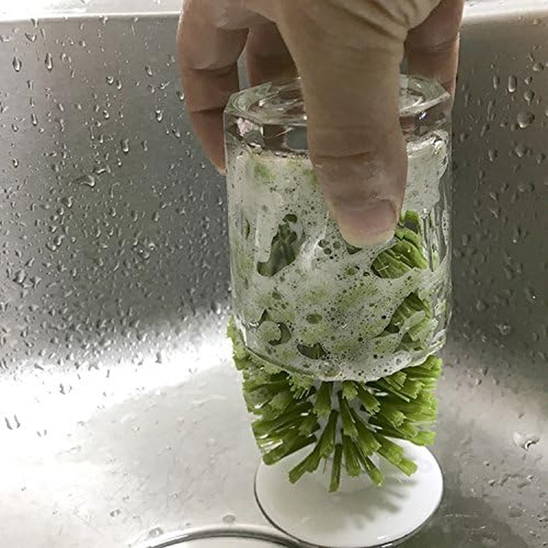 Brush-Up Glass Cleaning Brush with Suction Cup for Upright Sink Storage - Bristle Scrub for Kitchen Bottles (Green)