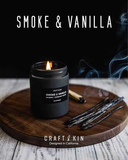 Premium Smoke & Vanilla Candle | Black Christmas Scented Candles for Men | Long Lasting with 45 Hour Burn Time, 7.6Oz | Soy Holiday Candle | Aromatherapy at Home | Gifts for Men
