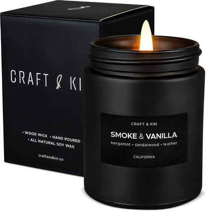Premium Smoke & Vanilla Candle | Black Christmas Scented Candles for Men | Long Lasting with 45 Hour Burn Time, 7.6Oz | Soy Holiday Candle | Aromatherapy at Home | Gifts for Men