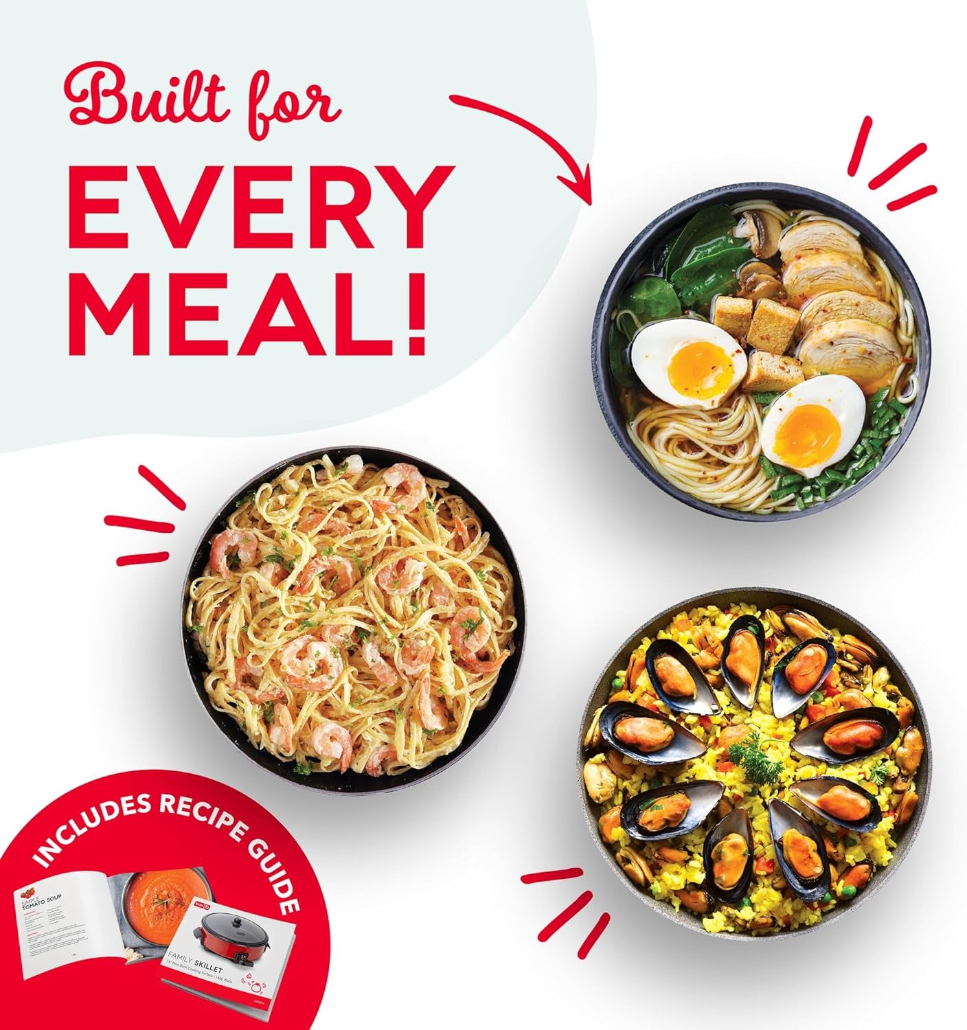 Family Size Electric Skillet with 14 Inch Nonstick Surface + Recipe Book for Pizza, Burgers, Cookies, Fajitas, Breakfast & More, 20 Cup Capacity, 1400-Watt - Black