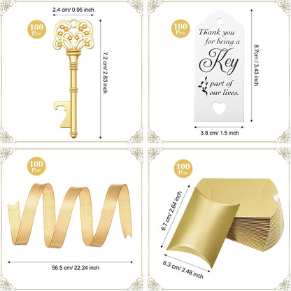 100 Sets Vintage Key Bottle Opener Wedding Favors, Wedding Party Souvenir Gift for Guests with Thank You Tag Card Pillow Candy Box and Satin Ribbon (Gold)