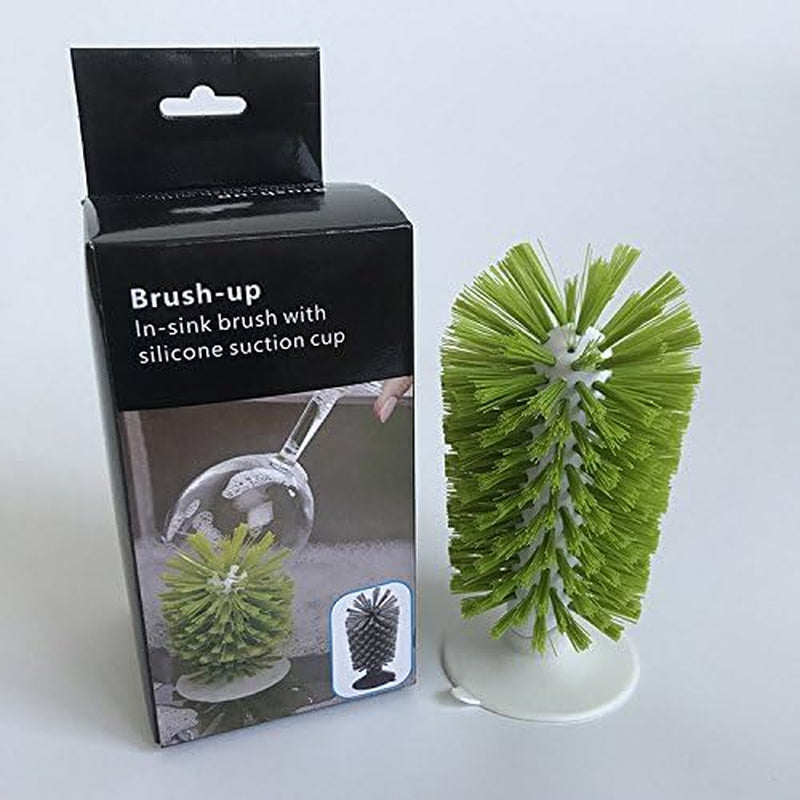 Brush-Up Glass Cleaning Brush with Suction Cup for Upright Sink Storage - Bristle Scrub for Kitchen Bottles (Green)