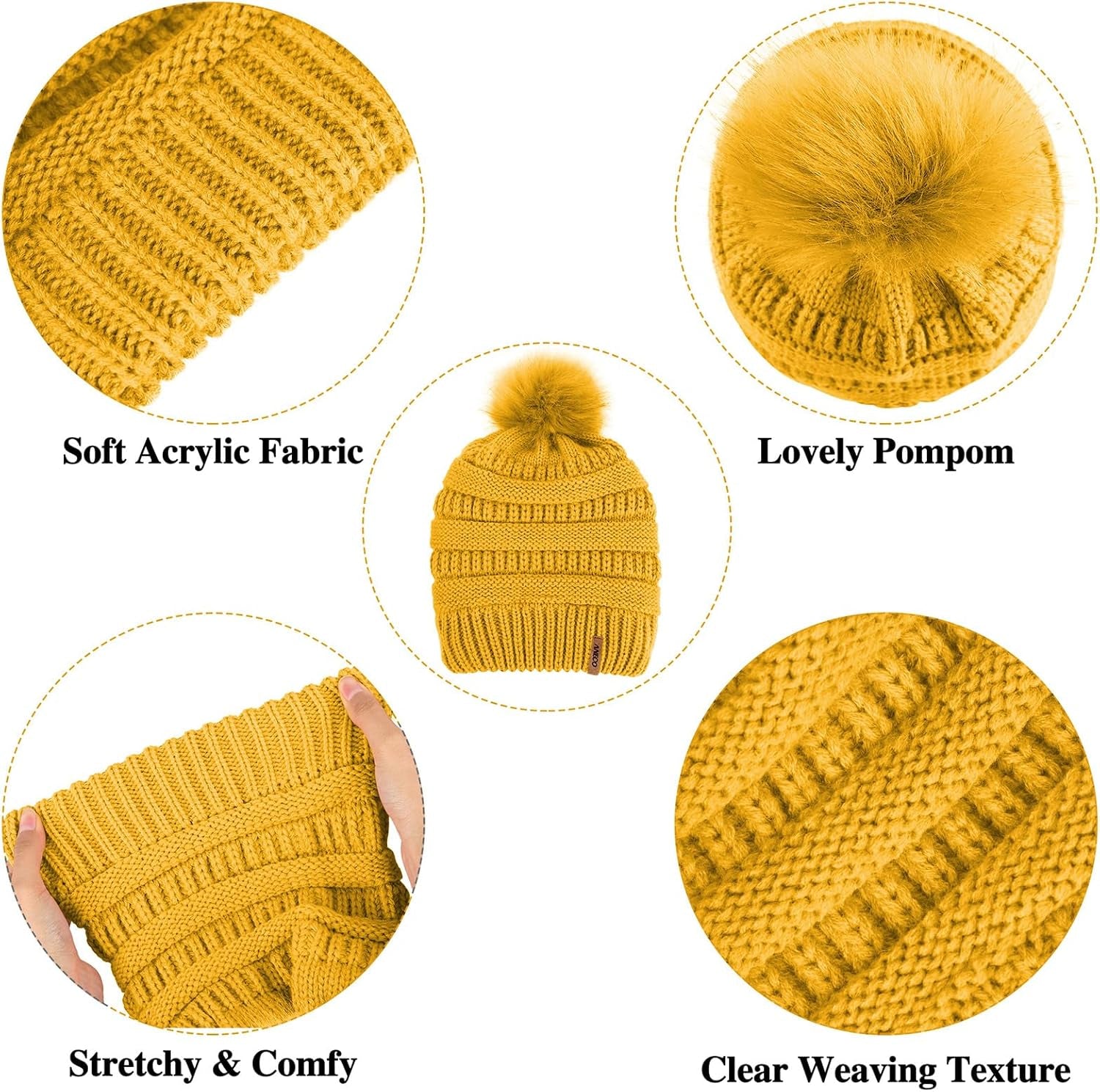 Womens Winter Warm Sets Knitted Fur Pompoms Beanie Hat Circle Loop Scarf Touch Screen Gloves Winter Favor Accessories
