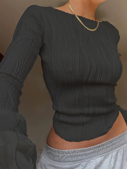 Woman Fashion Casual Ruched Long Sleeve T-Shirt Blouses Female White Skinny Cropped Bottoming Shirt 2024 Autumn Y2K Top Clothes