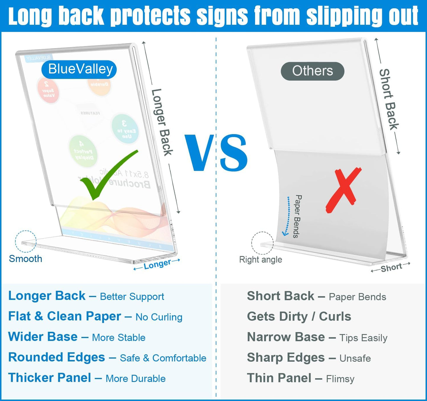 Acrylic Sign Holder 8.5 X 11 Table Display Stand – Vertical Clear Plastic Paper Sign Frame for Flyer, Menu, Document – Free Standing Desk Photo Holder for Office, Home, Store, School, 6Pack