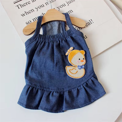 Cute Cartoon Denim Pet Dog Clothes Breathable Girl Summer Dresses for French Bulldog Creative Elastic Harness Small Puppy Vest