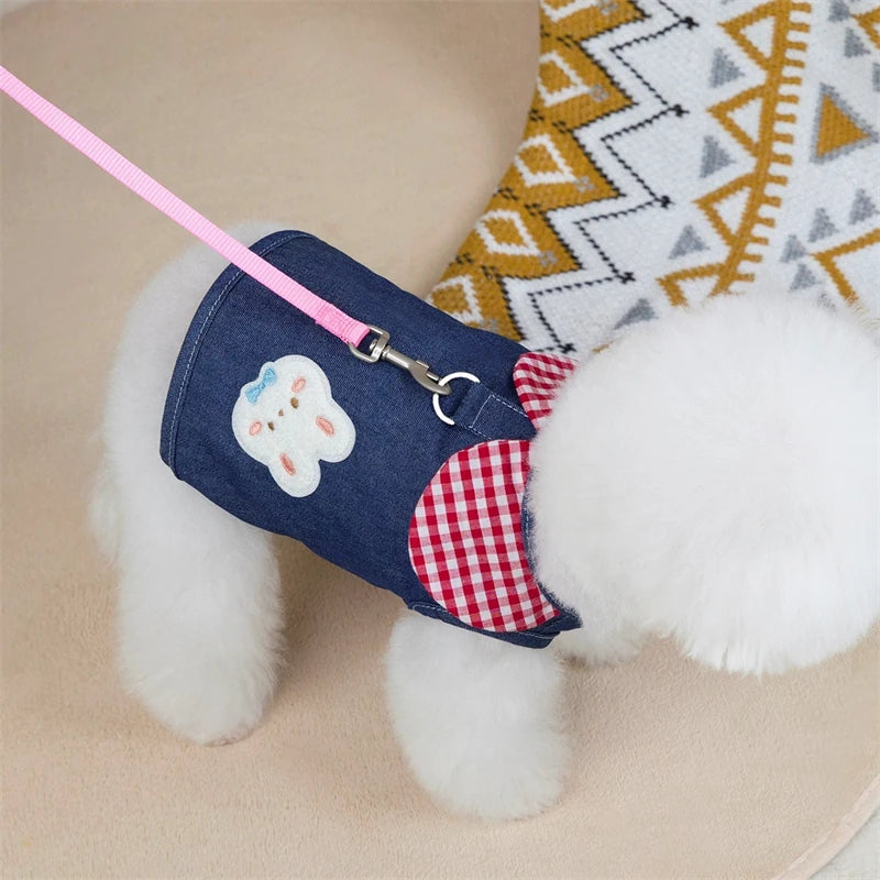 Cute Cartoon Denim Pet Dog Clothes Breathable Girl Summer Dresses for French Bulldog Creative Elastic Harness Small Puppy Vest