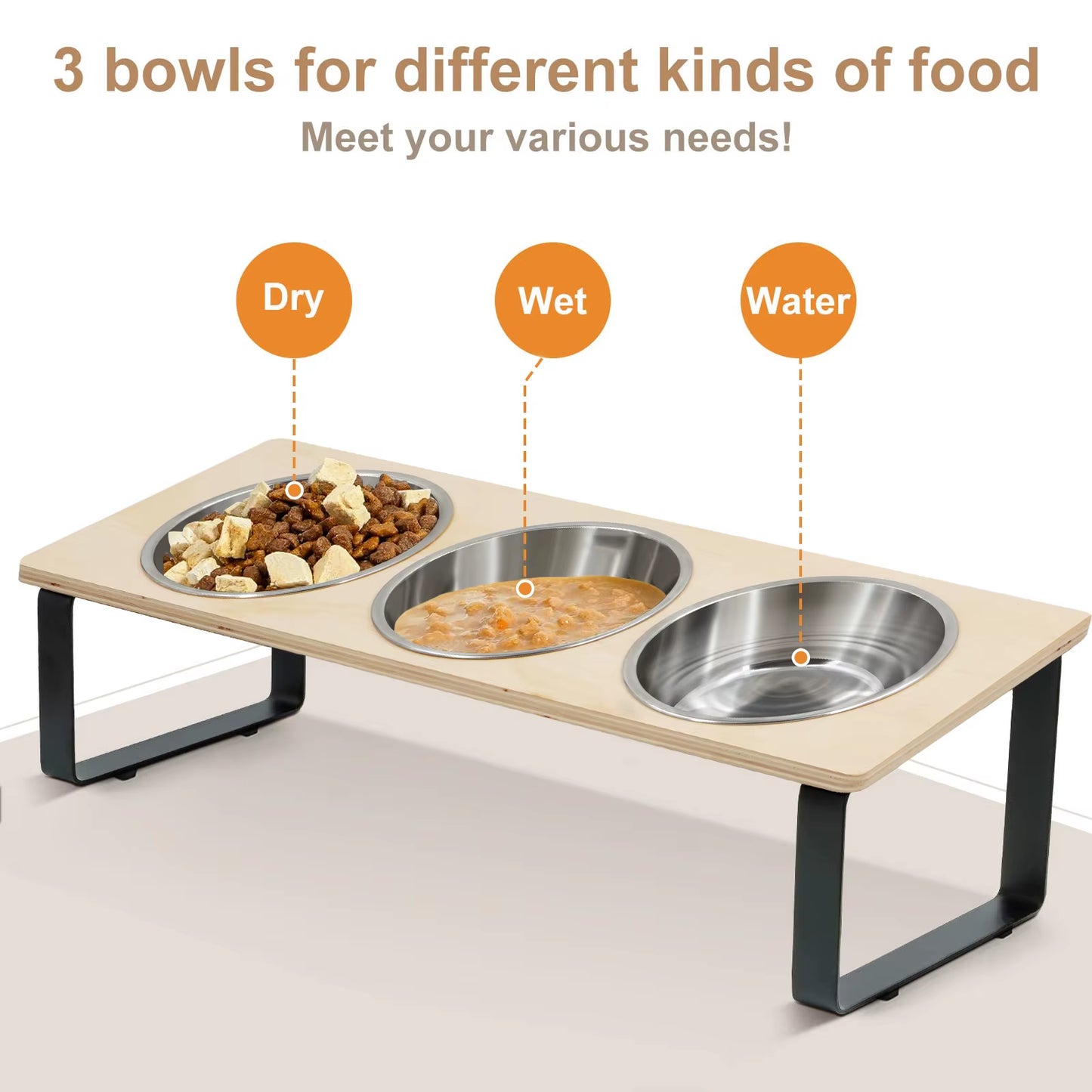 Elevated Cat Bowls Feeder 15° Tilted Raised Feeding & Watering Supplies Pet 3 Stainless Steel Bowls with Stand for Cats Puppies