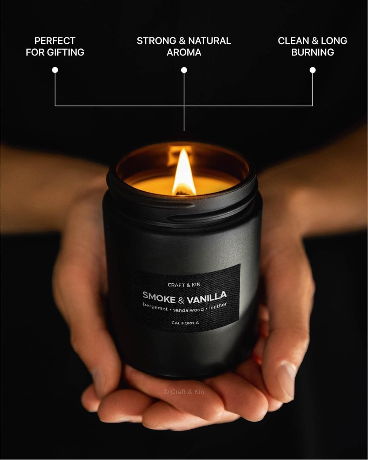 Premium Smoke & Vanilla Candle | Black Christmas Scented Candles for Men | Long Lasting with 45 Hour Burn Time, 7.6Oz | Soy Holiday Candle | Aromatherapy at Home | Gifts for Men
