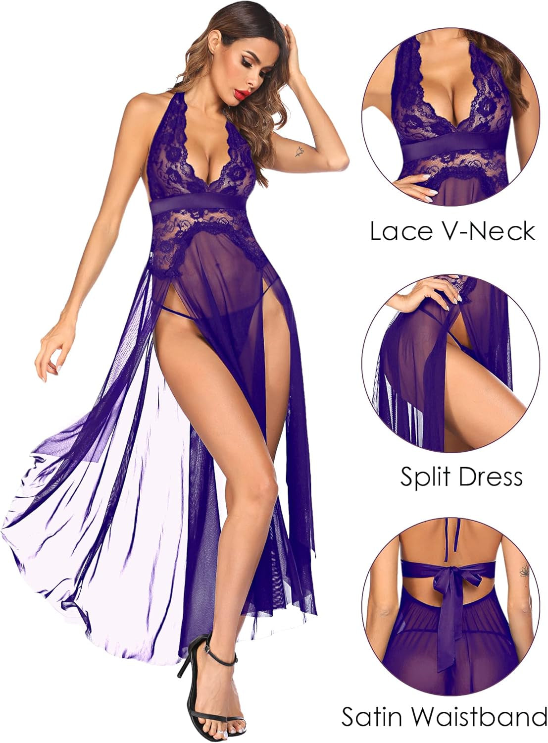 Women Lingerie Deep V Neck Nightwear One Piece Sexy Nightgowns Mosaic Lace Mesh Dress