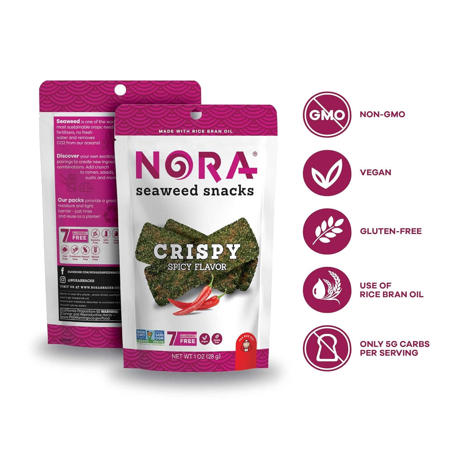 Crispy Spicy Seaweed Snacks by , Thick Nori Sheets Snack Strips, Low-Carb Healthy Snacks for Adults, Asian Snacks, Vegan, Gluten-Free, Non-Gmo, 6-Pack