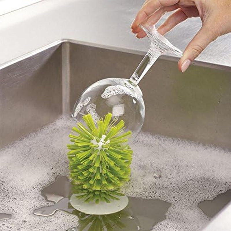 Brush-Up Glass Cleaning Brush with Suction Cup for Upright Sink Storage - Bristle Scrub for Kitchen Bottles (Green)